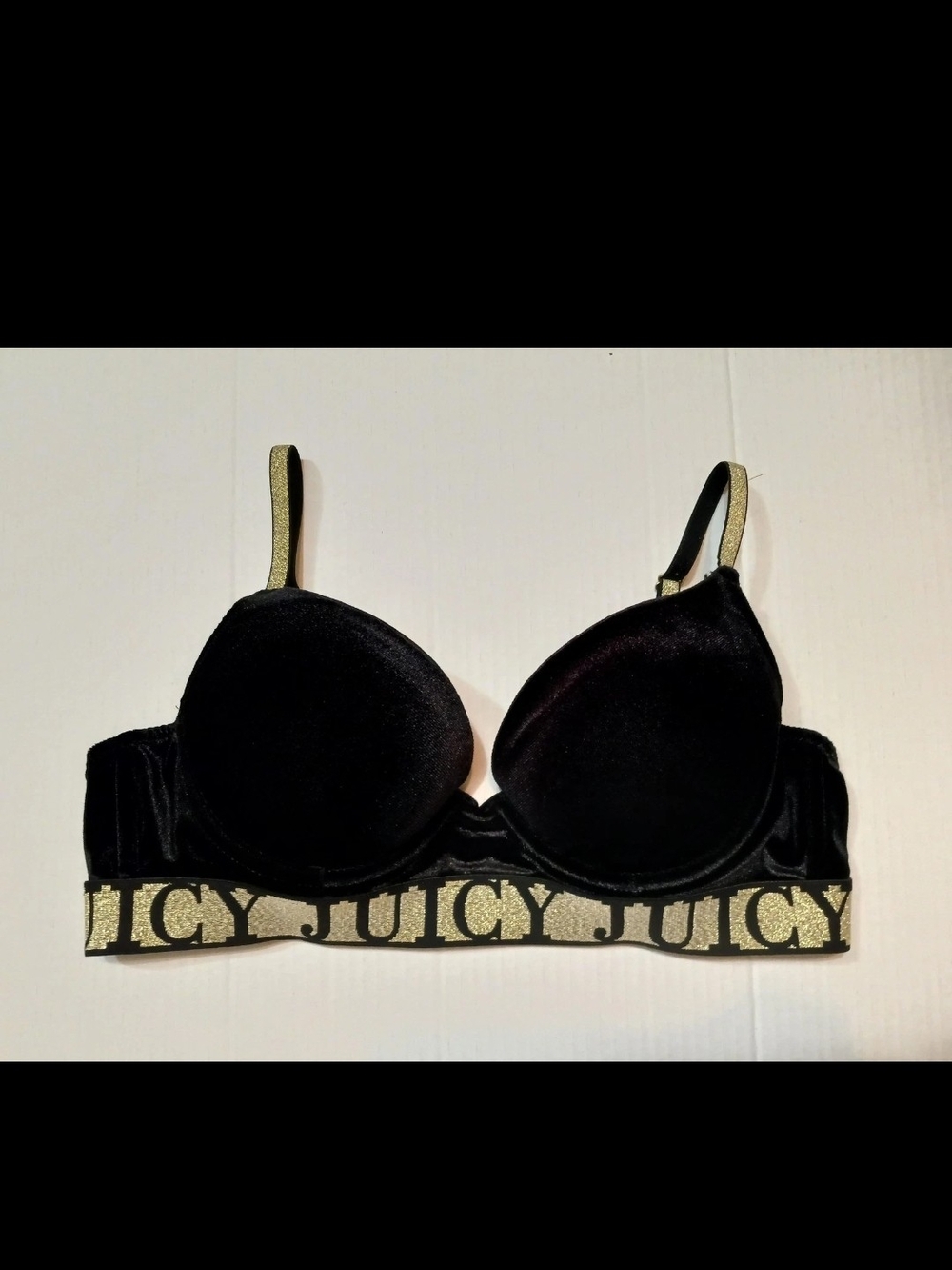 Juicy Couture Black Velvet Bra with Gold Logo Band 34C